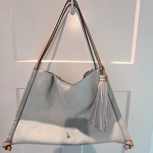 Blue and Tan Shoulder Bag with Tassel Accent
